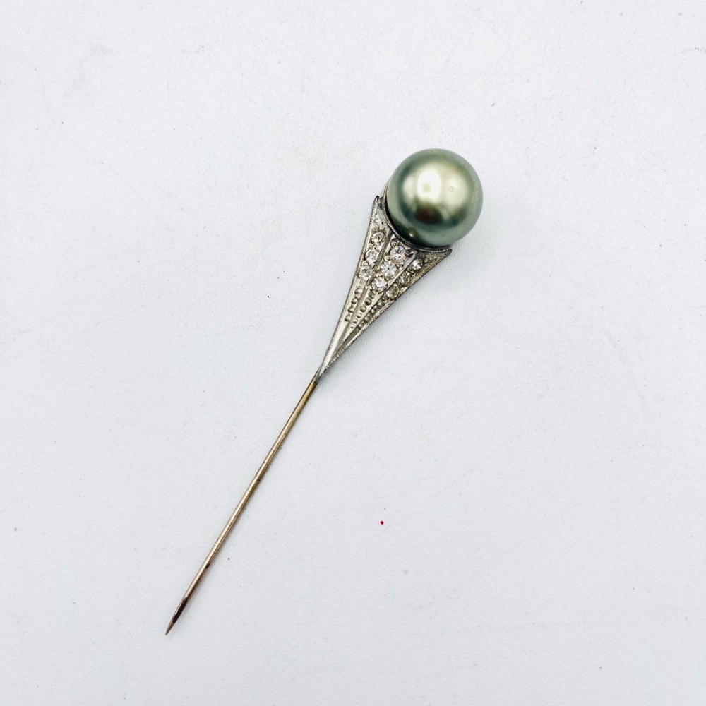 Vintage Art Deco Stick Pin Gray Pearl Rhinestone Silver Tone 3.25" Lapel